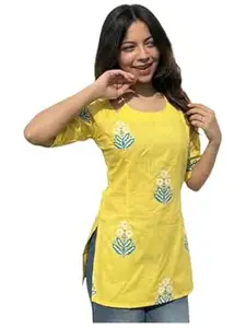 ANNI Designer Women’s Viscose Blend Printed Short Kurti | Straight Fit Casual Ethnic Top | Square Neck 3/4 Sleeve Kurta Office College