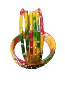 Multicolour Glass Bangles Set with Zircon Crystals, Traditional Design, Pack of 12 (2.2)