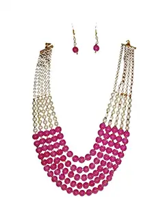 DS9 Creations Multicolour 5 Line Glass Pearl Beads Long Necklace Set With Earrings (Pink)