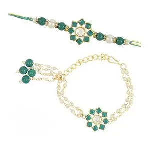 I Jewels Kundan & Pearl Hanging Bhaiya Bhabhi Lumba Rakhi Combo Set with Roli Chawal and Rakshabandhan Card (R108G-CO) For Unisex Adult