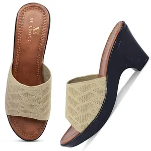 XE Looks Women's Beige Block Heel Sandals | Beige Slip-On with Textured Knit Design | Comfortable Cushioned Footbed | Lightweight Anti-Skid Sole Heel Sandals For Girls & Women