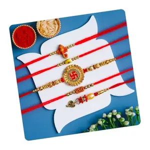 Poorak Religious Assorted Rakhi Set of 5 – Ganesha, Swastik, BRO, Elephant & More with Roli Chawal