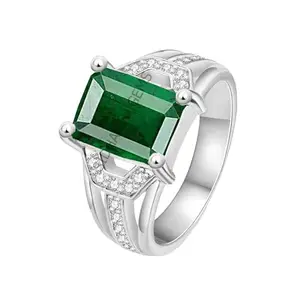 Jemskart 7.00 Ratti Natural Emerald Ring (Natural Panna/Panna Stone Silver Plated Original AAA Quality Gemstone Adjustable Ring Astrological Purpose for Men Women by Lab Certified