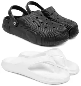 Pampy Angel Combo Pack of 2 Slipper/Flip Flops/Slides/Clogs/Sandals with Adjustable Back Strap for Men,(Cl-Wonder-Black,V-Evafeet-White),9 (UK/India)