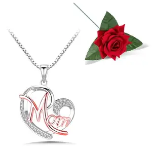 Peora Silver & Rose gold Plated Love Heart Mom CZ Studded Pendant Necklace Valentine's Day Gift for Women & Girls with Red Rose