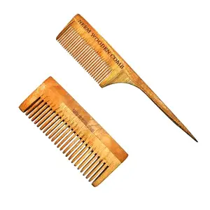 BlackLaoban Handmade Wooden Combs Big Size Kacchi Neem Wood Comb Set - Neem Comb Combo For Men & Women Hair Growth - Pack of 2 - Anti Dandruff, Detangling Hair Fall Control Kanghi Wide Tooth & Tail Comb