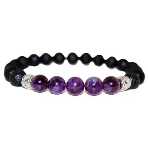 Lady Works Natural Black Lava & Amethyst 8mm Round Shape Smooth Cut Beads 7.5 Inch Stretchable Bracelet For Men & Women. Unisex Bracelet For Healing, Meditation, Prosperity, Gift & Luck|LW_BRST_01270_7.5