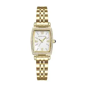 Giordano Analog Quartz Watch for Women with Rectangular Dial, Crystal Studded Bezel, Roman Numeral Markers and Stainless Steel Strap