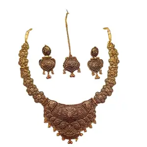 Traditional Antique Gold-Plated Necklace Set with Earrings and Maang Tikka, Floral Design