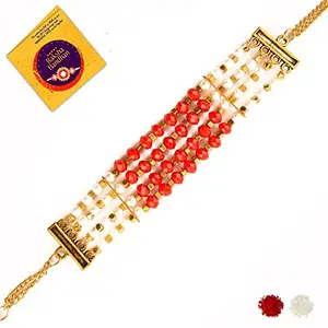 Generic Dk.elements - Trendy Gold Based Belt Type Red and White Crystal Rakhi for Bhabhi/Sister/Brother/Bhai/Kids/Bhaiya with Roli Chawal and Greeting Card