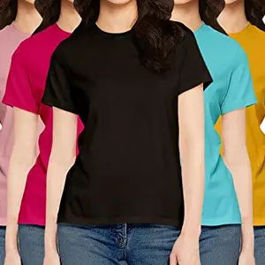 Pooplu Women's Regular Fit Premium Combo Round Neck Half Sleeves Pack of 5 Cotton Plain t-Shirts. Casual, Stylish, Plain Pootlu Tshirts ((Oplu_Multicolor_M)