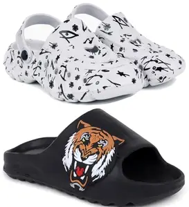 Pampy Angel Combo Pack of 2 Slipper/Flip Flops/Slides/Clogs/Sandals with Adjustable Back Strap for Men,(Cl-N11-White,Y-To-Sher-Black),7 (UK/India)
