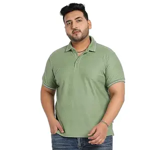 Instafab Plus Men's Green Self-Design Horizontal Striped T-Shirt for Casual Wear | Spread Collar | Short Sleeve | Half-Button Closure | Polycotton T-Shirt Crafted with Comfort Fit for Everyday Wear
