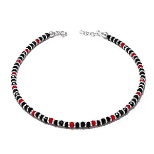 Sahiba Gems Stylish Nazariya Anklet (Payal) with Silver, Black & Red Beads (Crystal) in 925 Sterling Silver (925 Parts Per 1000) for Girls/Women - One Piece