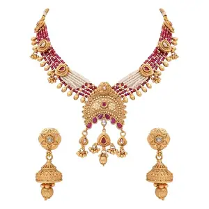 I Jewels Gold Plated Traditional Antique Brass Motif Pearl Necklace With Earring Jewellery Set For Women