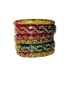 Traditional Glass Bangles Set, Multi-Colour with Crystal Design, Red Green Yellow|| glass bangle set|| (2.8)