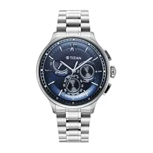 Titan Classique Half Cut Chronograph Quartz Analog with Blue Dial Silver Stainless Steel Strap Watch for Men - 90218SM02