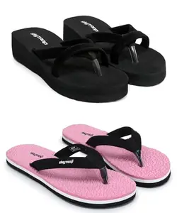Skytrap Women Black, Pink Nubuck Slippers Flipflop Combo of 2 (numeric 6)