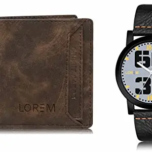 LOREM Brown Color Faux Leather Wallet & Grey Analog Watch Combo for Men | WL04-LR47