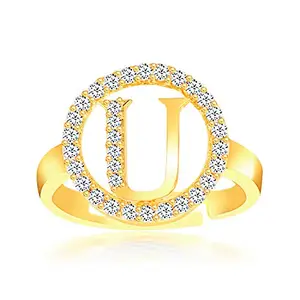MEENAZ Stylish Jewellery Valentine Latest American Diamond Adjustable Love Heart Gold Initial Letter Name Alphabet U Rings for Women Girls Girlfriend Men Boys Couples Lovers Design -FR-M633