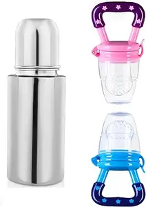 KINDAR CARE Baby's Steel Plastic Feeding Bottle | Silver Multicolor | Pack of 2 | 253 Ml