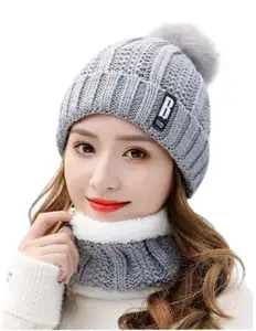 Super Comfortable Woolen Beanie Cap Plus Muffler Scarf Set for Women - Warm, Snow Proof Winter Cap Grey Color