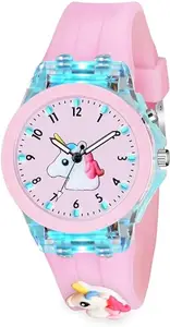 PAPIO Analog Pink Color Silicon Band Cute Cartoon Design Multi-Function 7 Color Light Wrist Watch for Kids Children Boys and Girls