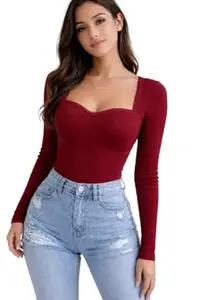 TIVANTE Solid Sweet Heart Neck Lace Top for Women Stylish Western | Full Sleeve top for Women | Ribbed Tops for Woman | Crop Tops | Korean Tops | skims top