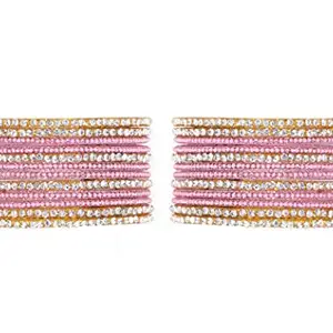 NAVMAV Traditional Bangles Set Glass Kade bangles with Zircon Gemstone Beads Worked Glossy Finished Churi Set for Women & Girls (Pink & Silver Churi, 2.4)