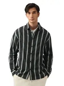The Souled Store Saturn Men and Boys Long Sleeve Spread Collar Black Green and White Striped Lightweight Easy to Style Everyday Office Wear Cotton Blend Relaxed Shirt
