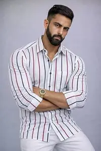 Men's Striped Casual Shirt, White with Red and Blue Stripes, Long Sleeve, Collared