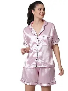 FUNDAY FASHION Women's Satin Plain/Solid Night Suit Set of Top & Shorts (Regular, X-Large, Pink)