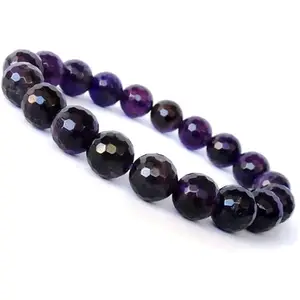 Lady Works Natural Amethyst Quartz 8mm Round Shape Faceted Cut Beads 7 Inch Stretchable Bracelet For Men & Women. Unisex Bracelet For Healing, Meditation, Prosperity, Gift & Luck|LW_BRST_00545_7.0