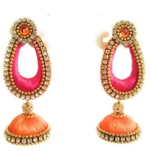Manali Creations Pink and Orange Silk Thread Handmade Tear Drops with Jhumka Earrings for Women