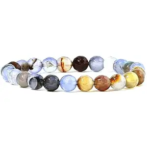 RRJEWELZ 8mm Natural Gemstone Multi Agate Round shape Faceted cut beads 7.5 inch stretchable bracelet for men. | STBR_RR_M_02671