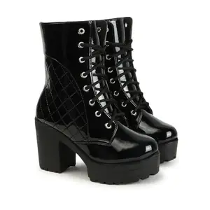 STRASSE PARIS Bold and Breezy Black Patent Ankle Length Lace Up Heeled| Boots for Women & Girls