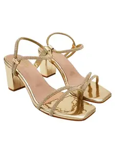 Shoetopia Embellished Rhinestones Strap Golden Heels For Women