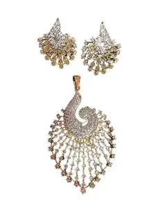 Femmibella Gold-Plated American Diamond Pendant Set with Matching Earrings For Women and Girls