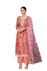 MANVAA Women'S Peach Unstitched Stylish Handwork, Thread Sequence Work, Designer Position Print And Fancy Border With Heavy Embroidered Dupatta Organza Dress Material (M-MSMFC11285C)