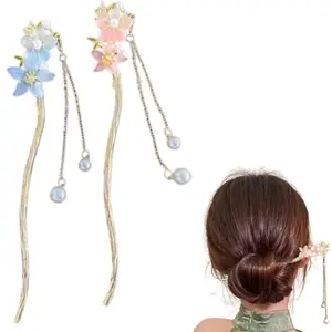 HONEY ACCESSORIES-2PCS Chinese Style Metal Hair Sticks with Tassels Sweet Bell Orchid Pendant,Hair Clip Back Head Hair Clip Hair Bun Accessories for Women Girls, (A)