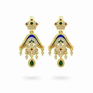 G.G. Jewels Traditional Gold Plated Floral Jhumka Earrings for Women | Antique Finish Temple Style Jhumki with Stone Work | Festive, Wedding & Ethnic Wear Jewelry