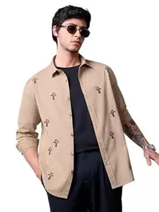 The Souled Store: Mushroom Patch Men and Boys Long Sleeve Spread Collar Beige Embroidered Relaxed Fit Casual Easy to Style Everyday Office Wear Cotton Linen Shirt