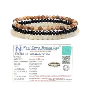 Gemaltic Healing Crystals Lab Certified 4mm Beads Bracelet for Women & Men Pack of 3 (Picture stone, Black Obsidian & Topaz jasper)