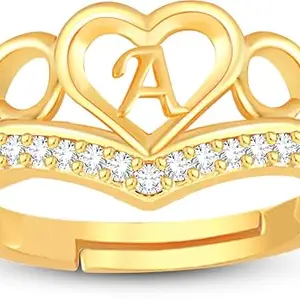 Lila Valentine Ring Heart Alphabet 'A' Promise Propose Engagement Wedding Anniversary Brass, Stainless Steel, Copper, Alloy Cubic Zirconia Gold Plated Ring (BZR_HC370CrwnRsePkGld(A) AlpRng(M01)_Prnt)