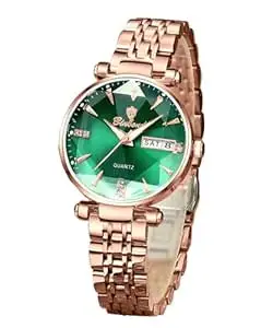 BINBOND Womens Watch Rose Gold Stainless Steel Green Dial Analog Day Date Watches for Women Ladies&Girls&Miss Diamond Dress Stylish Wrist Watch Gift Waterproof Luminous