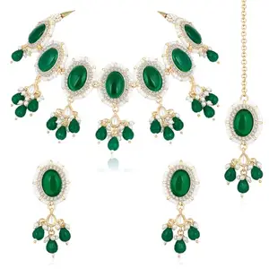 Peora Gold Plated Green Synthetic Stone & Beads Studded Necklace Earrings & Maangtikka Set Ethnic Fashion Jewellery for Women & Girls