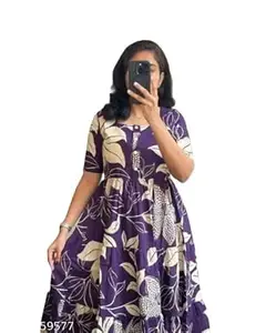 Rayon Printed Kurta for Women, Short Sleeve Flared Dress, Casual Wear