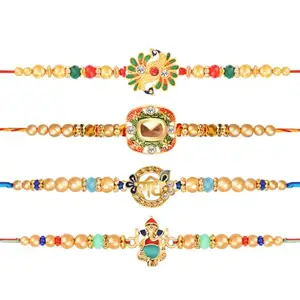De Marquis Designer Assorted Rakhi, Chawal Roli Pack, Greeting Card Set (4 Rakhi Combo set For Brother)