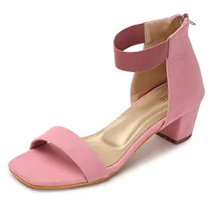 TRASE Women's Ankle Strap Block Heels Sandals| Fashionable Sandals for Women & Girls | Light weight, Soft Footbed, Comfortable & Stylish | Casual And Party Wear- Pink 3 UK