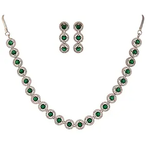 RATNAVALI JEWELS American Diamond Necklace set Silver Plated Traditional Green Jewellery Set with Sleek Earring for Women/Girls RV5049G